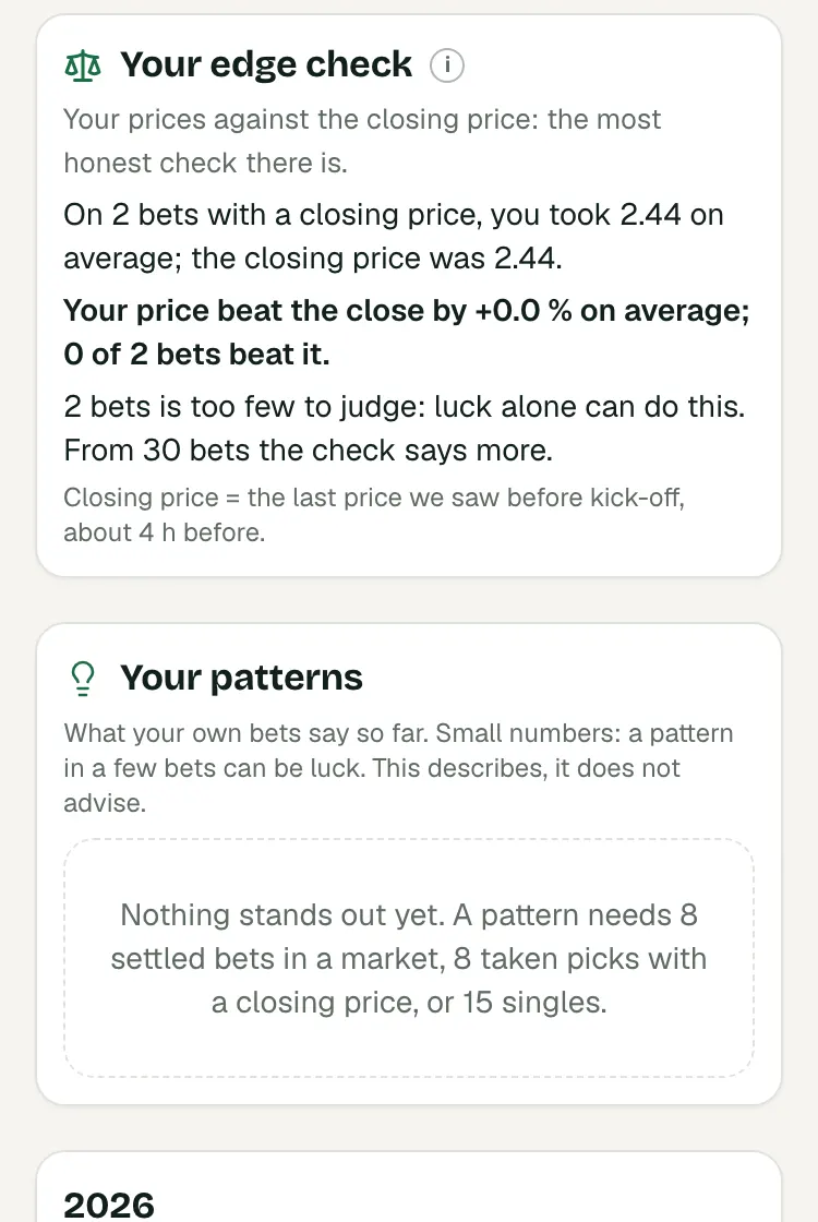 Your edge check on My bets: your prices against the closing price, and a line that says when it is too early to judge.
